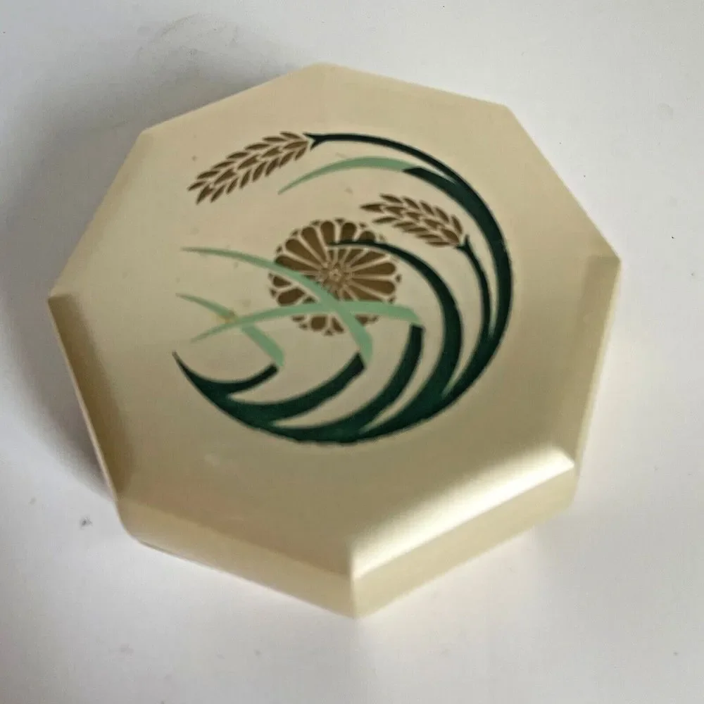 Vtg Merle Norman Cosmetics Octagon Celluloid Powder Box Floral &‎ Wheat Design